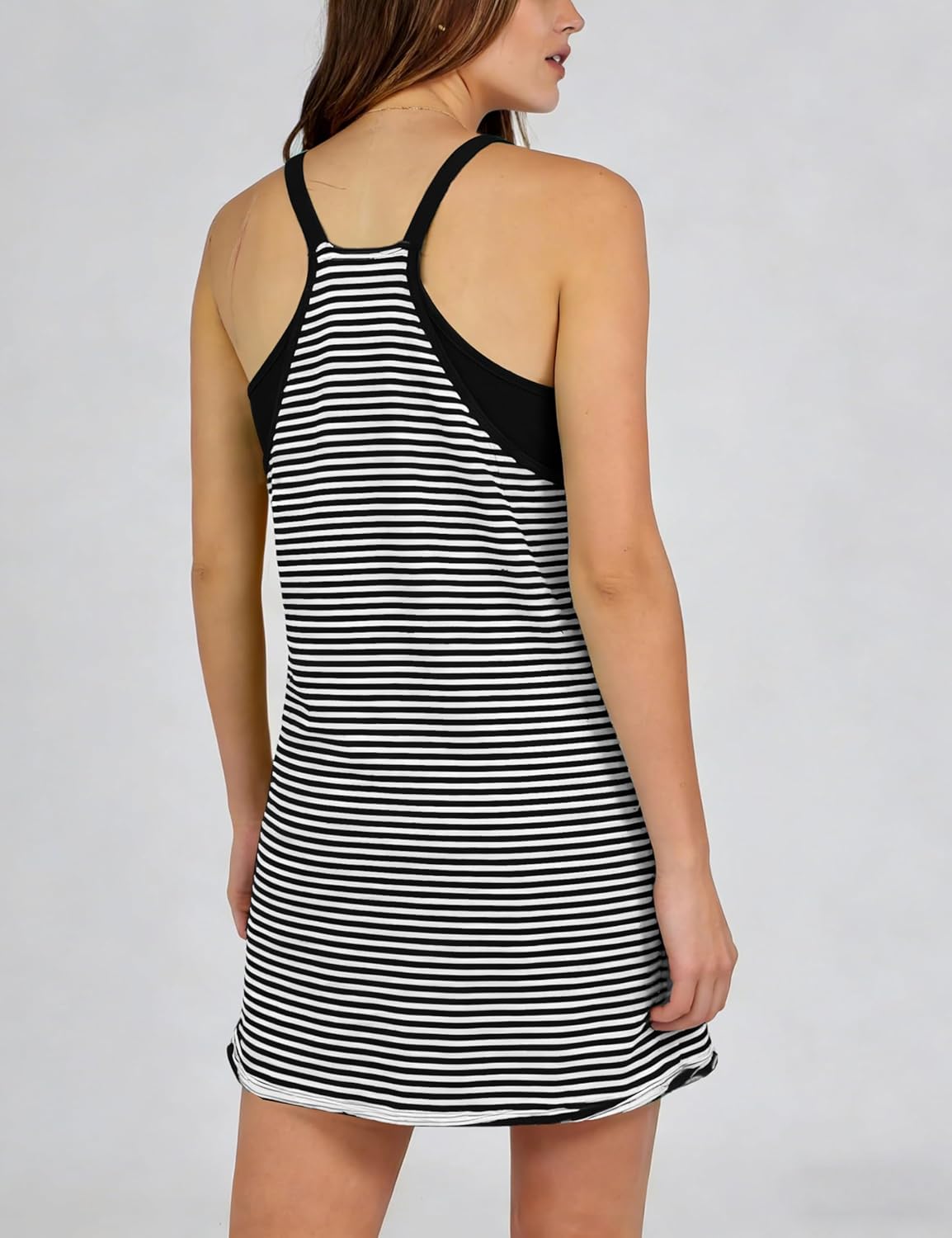 Zhiyouni Women's Summer Athletic Mini Dress Sleeveless V Neck Built-in Shorts Striped Tennis Workout Vacation