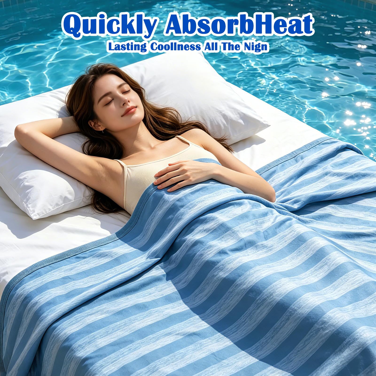 Kühldecke 2 in 1, 150 x 200cm Kühlende Decke, Sommerdecke Kühlend mit Arc-Chill, Q-Max > 0,45 Kühlfaser, Doppelseitige Decke für Sommer, Leicht Atmungsaktiv, Blau Gestreift Kühldecken zum Schlafen