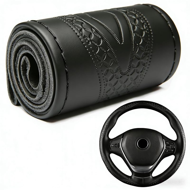 Capa para Volante de Carro em Couro PU com Costura Manual, Volante Redondo de 38 cm, DEEYOTA, Linhas Pretas