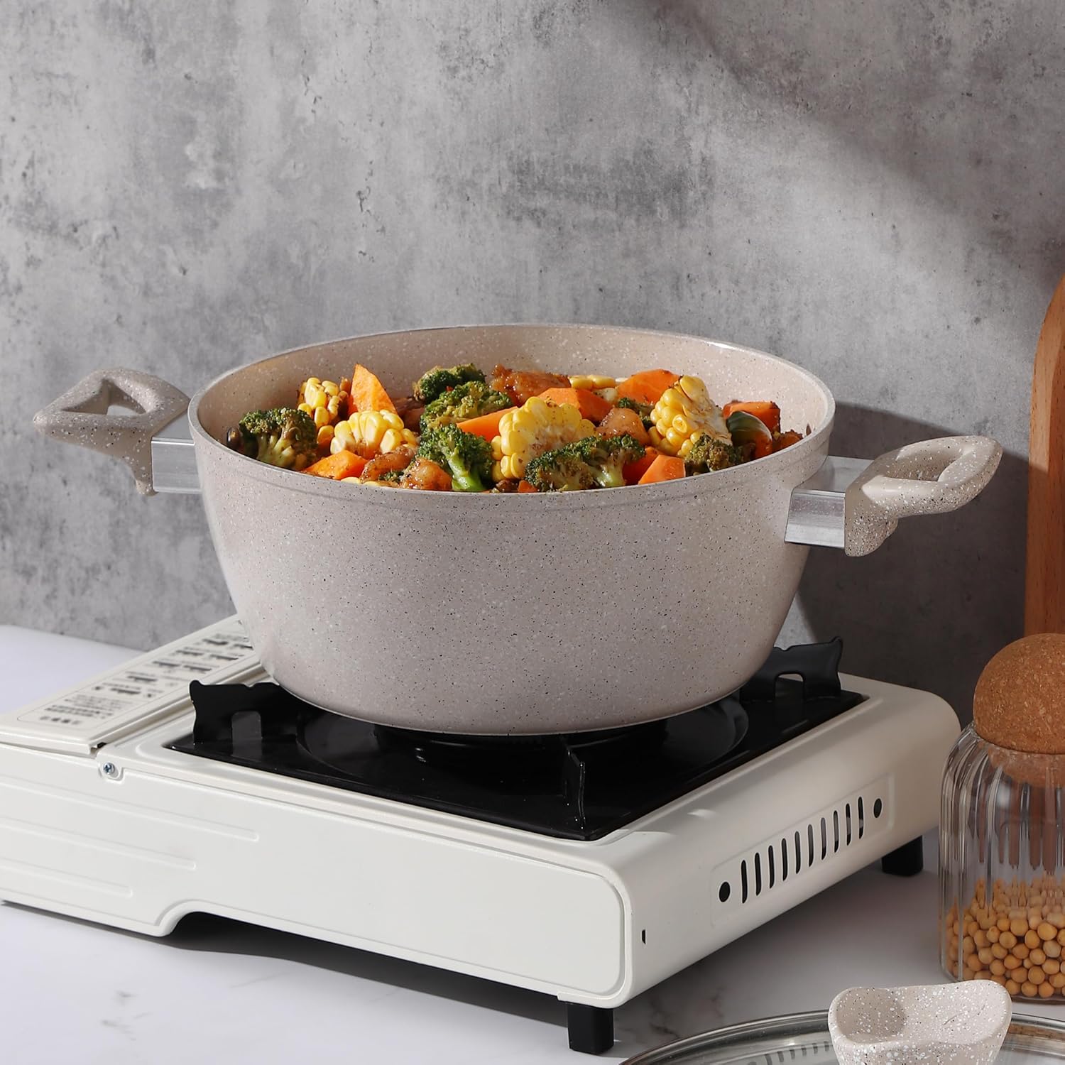 Lorren Home Trends Premium Cookware Set, Beige Speckled, 10 Piece with Glass Lids, Stock Pots, Sauce Pot, Casserole Pots