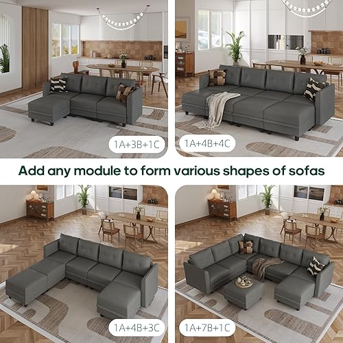 Miniatura 7 de LLappuil Módulo central de sofá modular con almacenamiento para sofá modular personalizable, silla sin brazos, moderna tela de piel sintética (gris