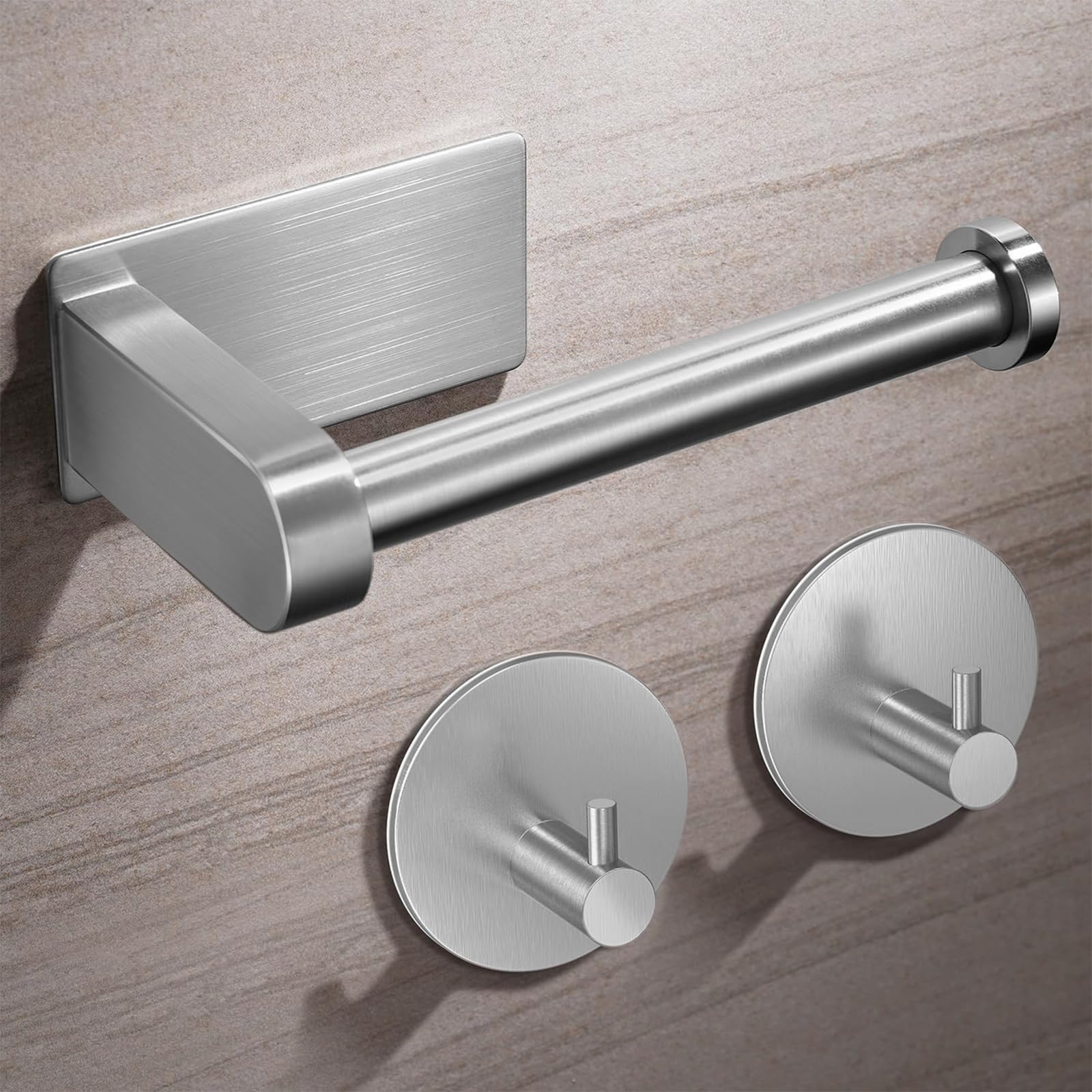 Toilet Roll Holder Wall Mounted | Premium 304 Stainless Steel Self Adhesive Toilet Paper Holder and 2 Adhesive Hooks for Bathroom 、Kitchen、Strong Adhesiveness and Waterproof、Silver