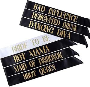 Pop Fizz Designs Pack of 7 Bachelorette Sashes- Includes 1 Bride to Be sash and 6 Bridesmaid Sashes
