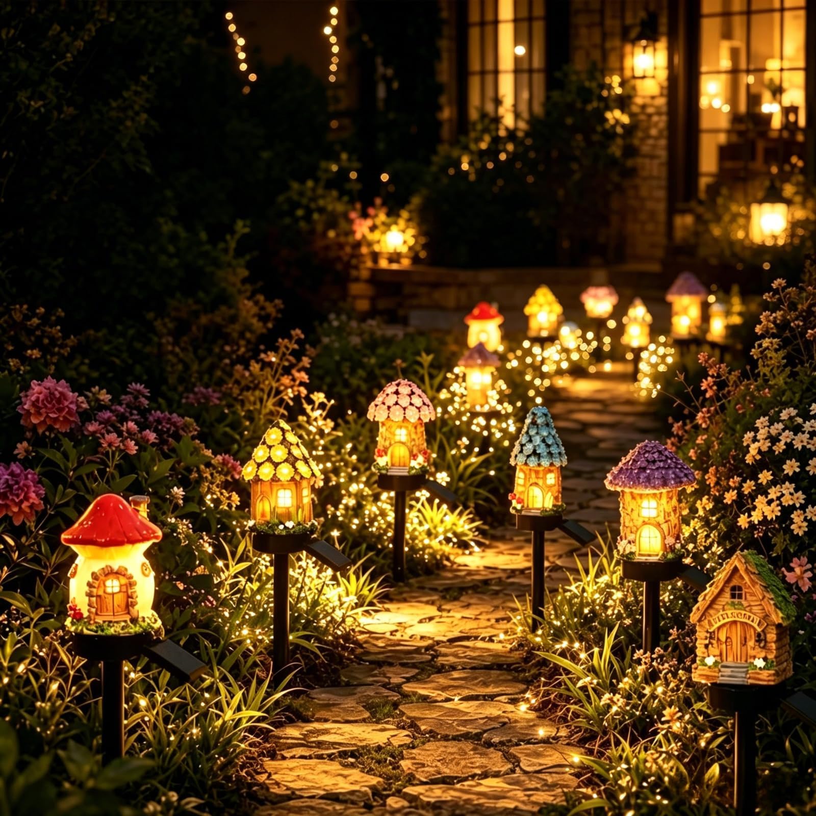Solar Fairy-Tale Mushroom House Lights Cottage Garden Stake Lights, Resin Mushroom Cottage Figurine, Waterproof LED Mushrooms House Statue Lamp, Outdoor Landscape Pathway Yard Patio Lawn Deco (6PCS)