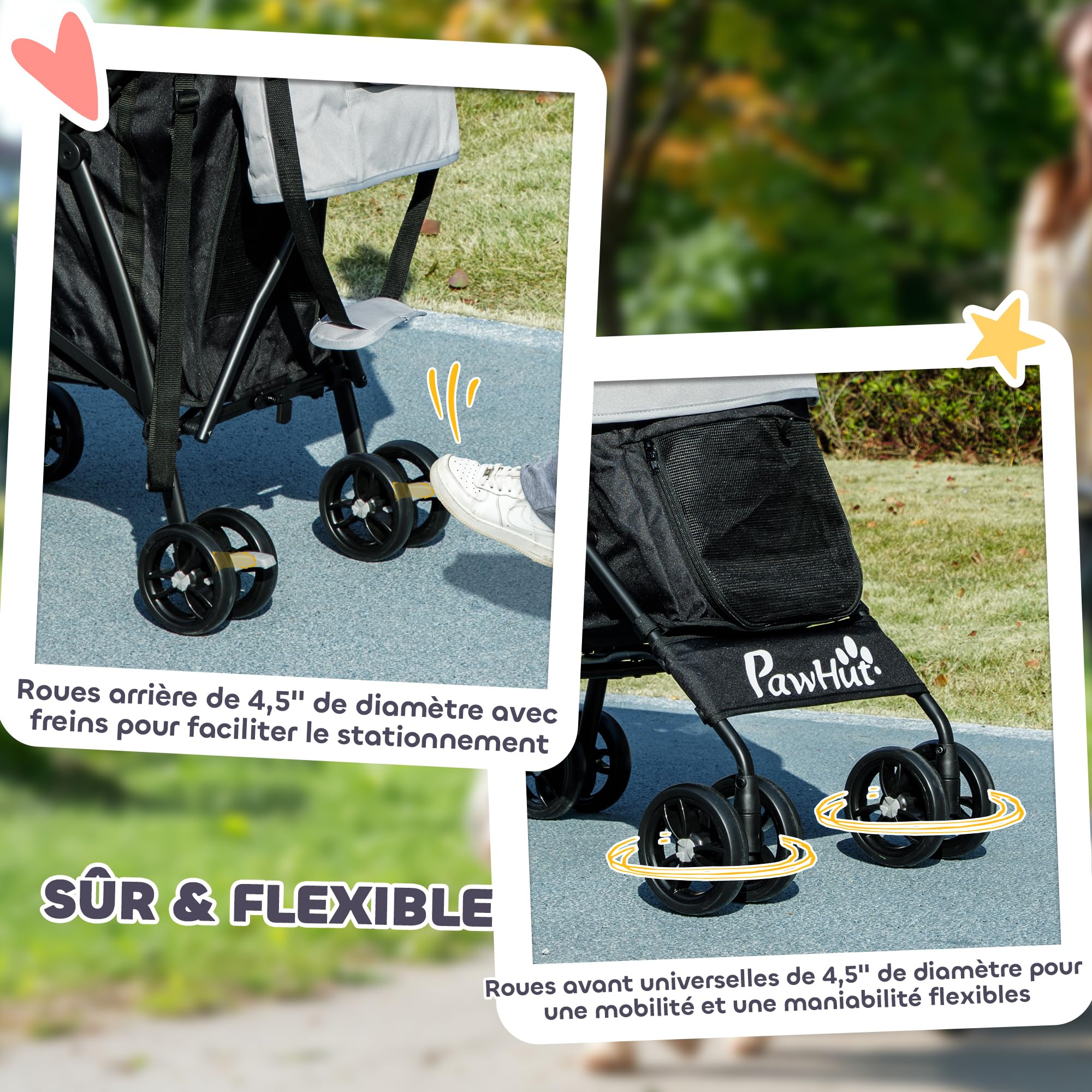PawHut Poussette chien, poussette pour chien 4 roues, chariot pour chien, structure parapluie, légère, pliable, roues en EVA, sac de rangement, poussette chat charge 4 kg, gris clair