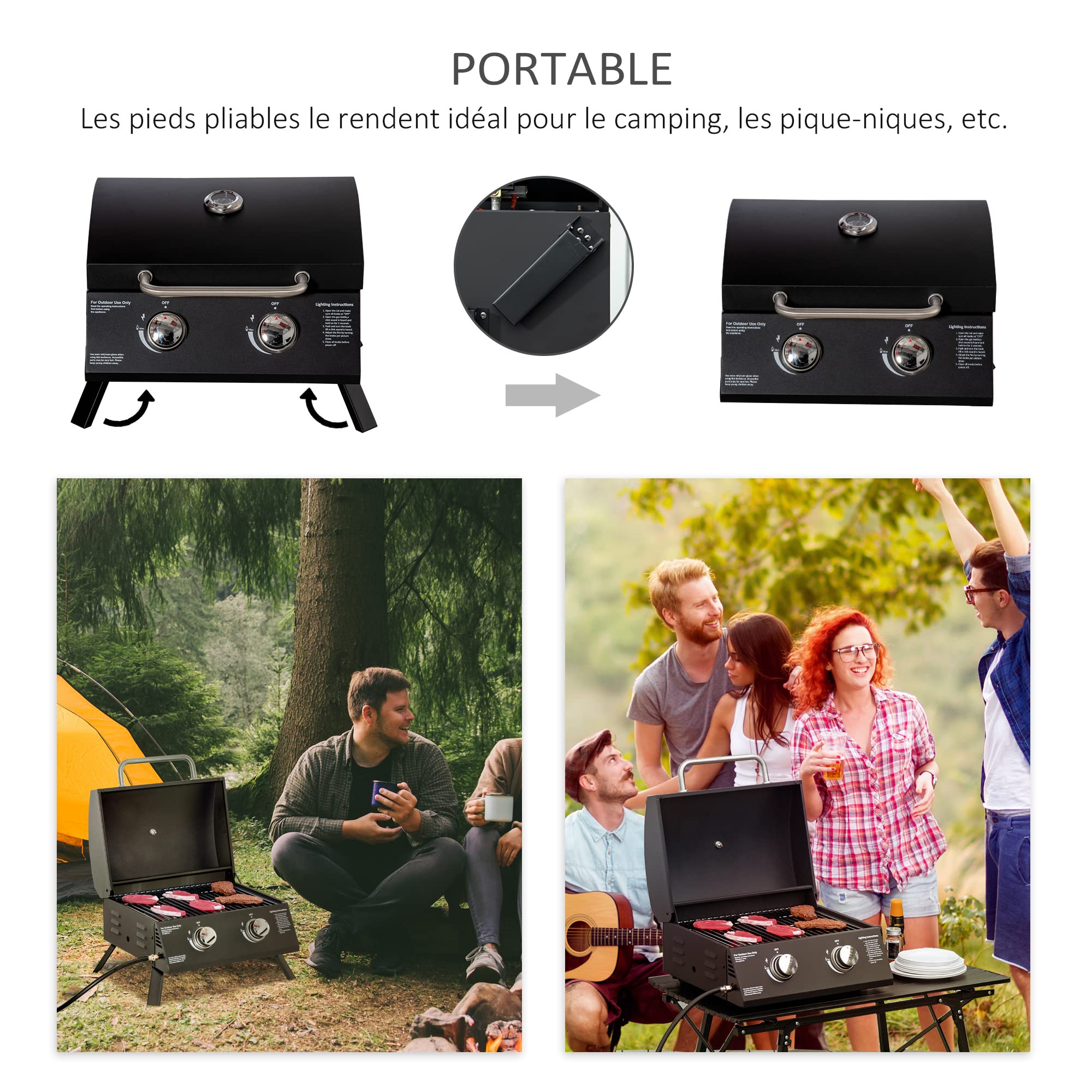 Przenośny grill gazowy składany nogi - 2 palniki 5 kW - grill gazowy kempingowy - ruszt do grillowania, pojemnik na tłuszcz, termometr - stal czarna