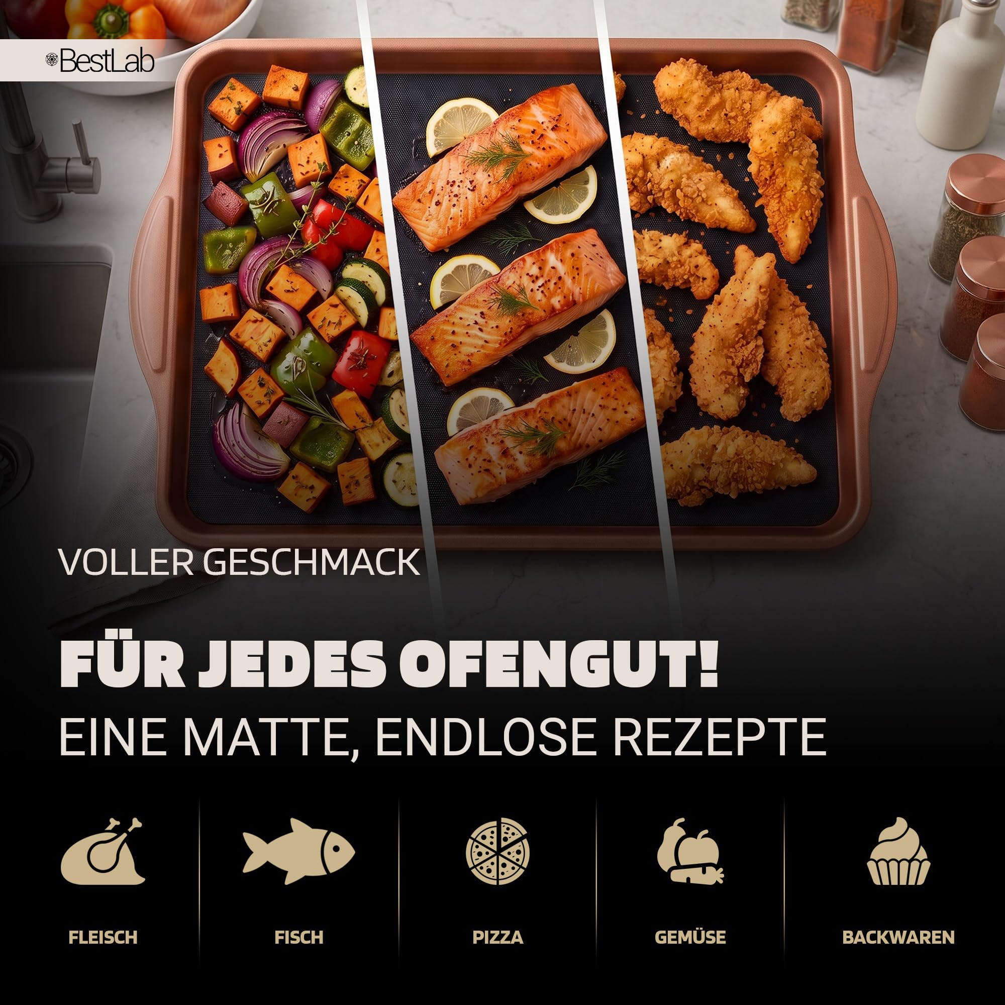 [Test molto buono, nota 1.0 *] Set di 6 tappetini da forno Bestlab per forno 41 x 58 cm, pellicola da forno in silicone come carta da forno e accessori da forno per airfryer, microonde, teglia da