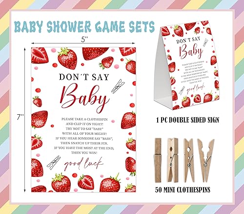 Miniatura 2 de Juego de bebé de fresa con texto en inglés "Don't Say Baby Show", paquete de un letrero de 5 x 7 pulgadas y 50 mini pinzas naturales para la ropa,
