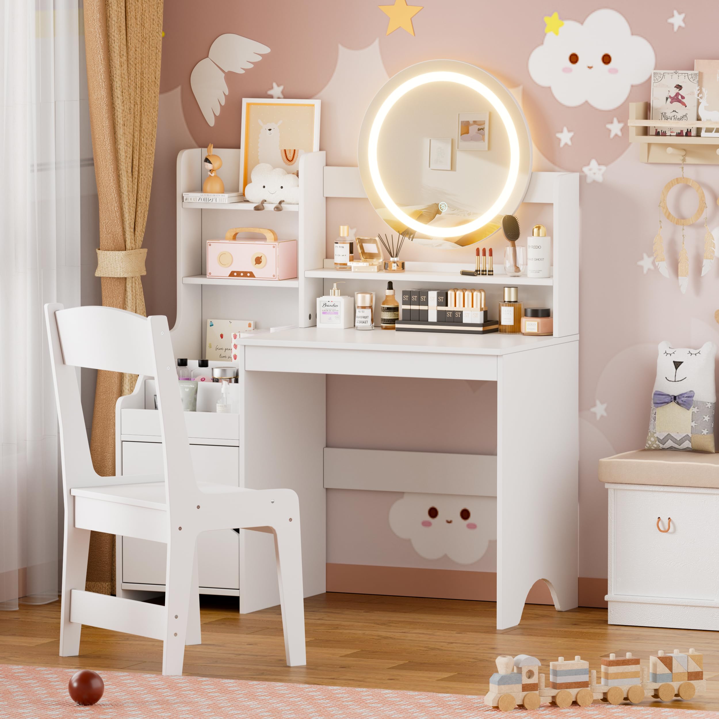 Tocador Niña Tocadors de Maquillaje con Luz y Taburete 2 en 1 Anti-dumping Tocador Infantil de Madera con Espejo y Estanterías Vanity de Maquillaje Para Niños Moderno estilo Princesa 5 años+ (Blanco)
