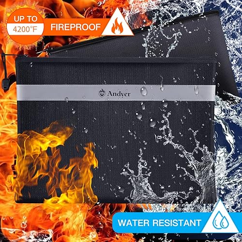 Miniatura 2 de Andyer Bolsa de documentos ignífuga con bolsa de dinero, paquete de 2 unidades de 13.4 x 10 pulgadas y 11 x 6 pulgadas, bolsa impermeable ignífuga