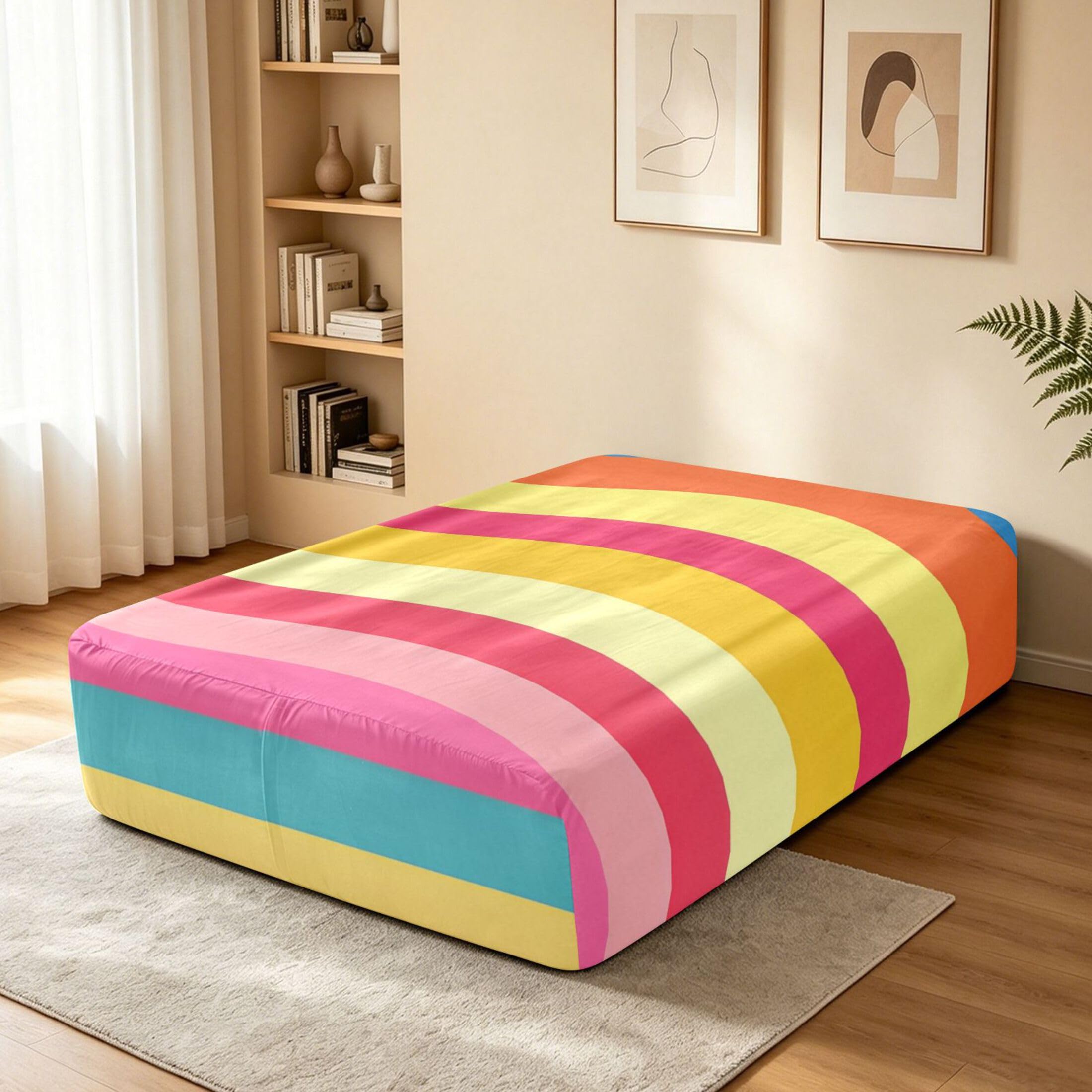 Sábana bajera ajustable tamaño individual con rayas arcoíris para colchón de aire, bolsillo extra profundo de 24 pulgadas, funda suave y transpirable con apertura de válvula de cremallera