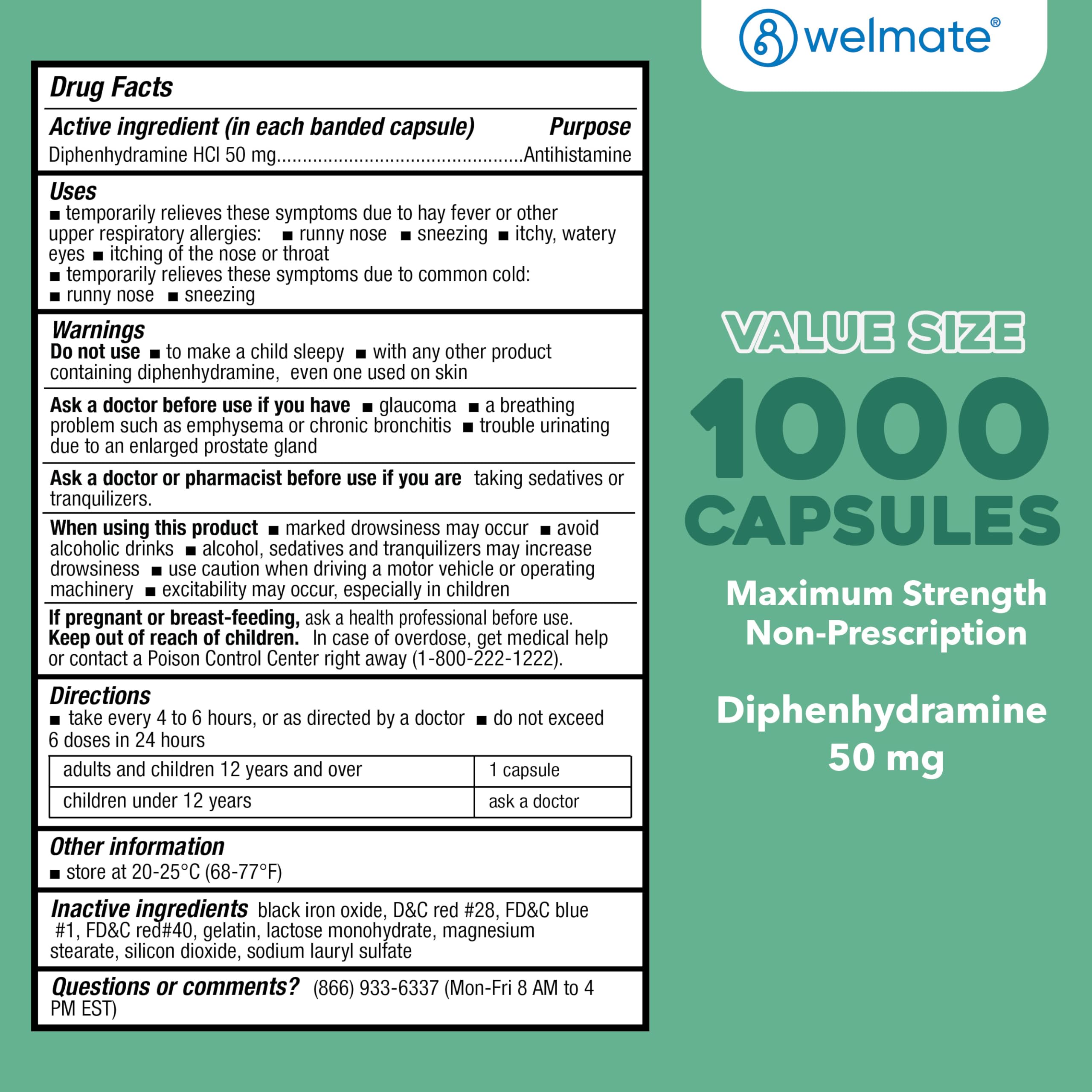 WELMATE Diphenhydramine HCl 50mg, Extra Strength Allergy Medicine, 1000 Ct — Amazon image 4