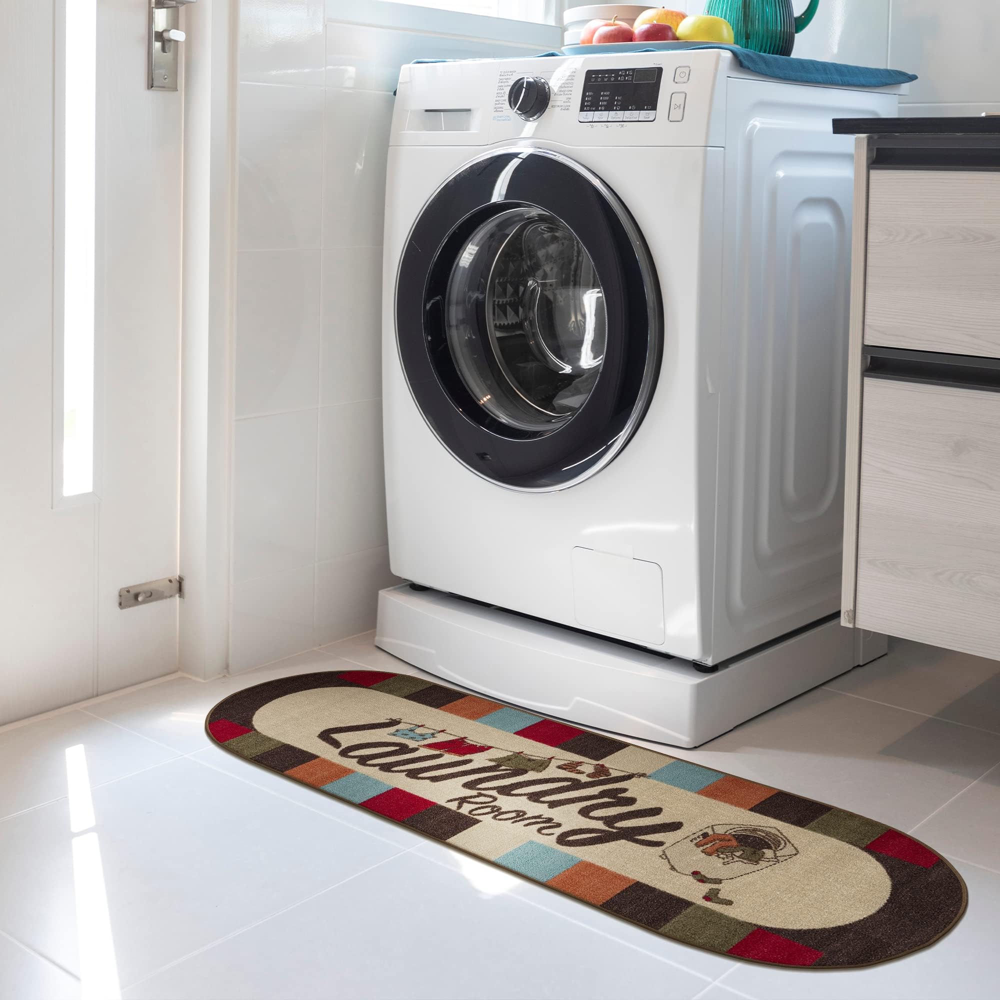 Ottomanson Machine Washable Checkered Border Laundry Room Rug Non-Slip Rubberback 2x5 Laundry Runner Rug for Laundry Room, Bathroom, Washroom, 20" x 59" Oval, Multicolor