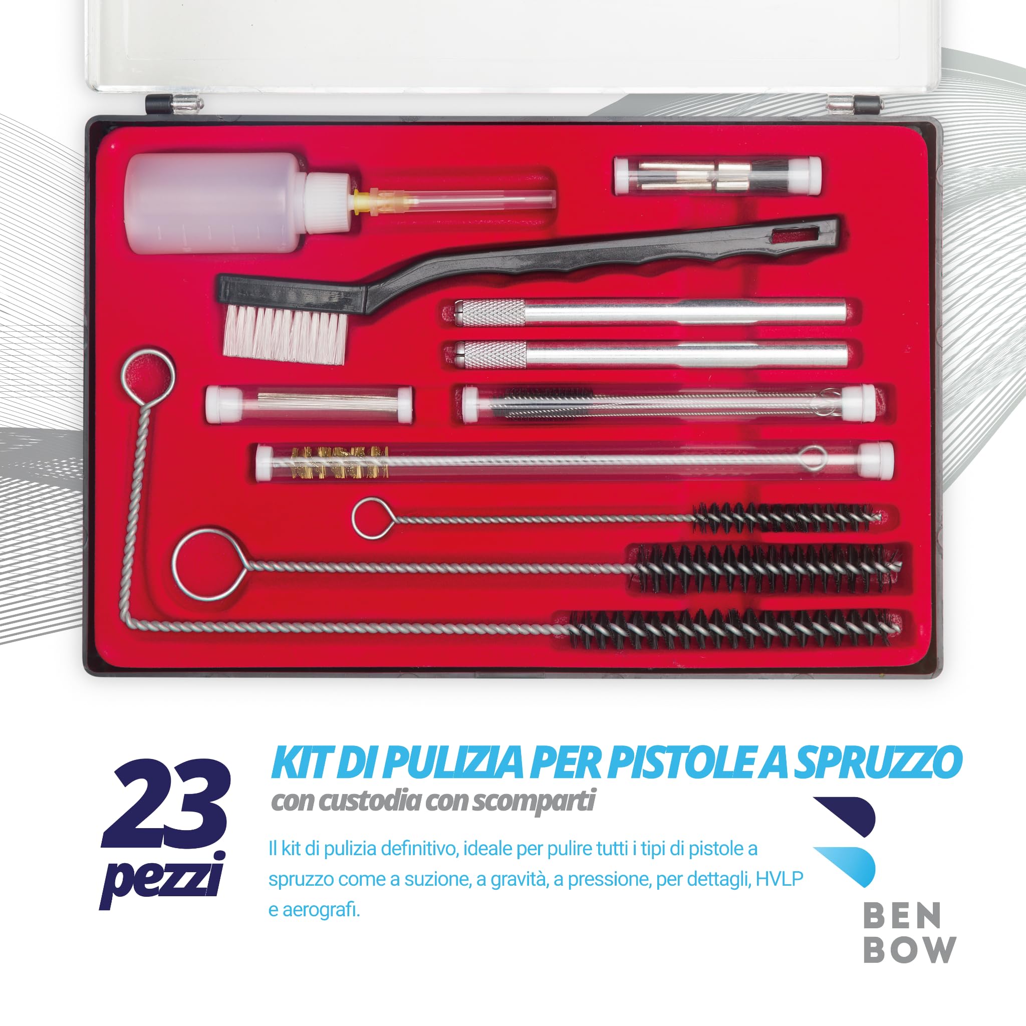 BenBow Kit di Pulizia 22 in 1 per Pistole a Spruzzo, Vernice, Carabine ad Aria Compressa, Canne di Armi, Utensili Pneumatici - Kit Universale per HVLP e Aerografi