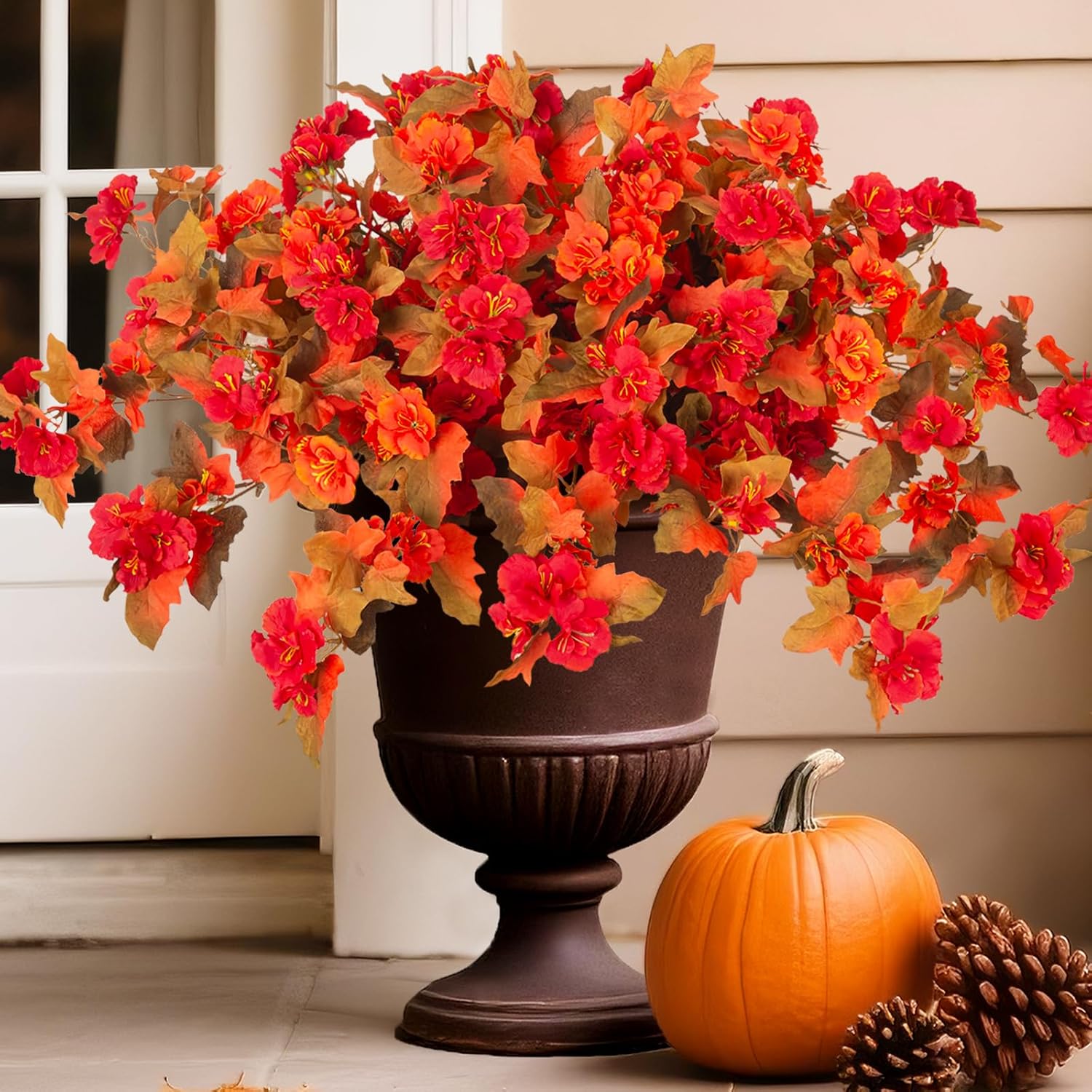 Homsunny Fall Flowers for Outdoors, 2 PCS Fake Fall Flowers UV Resistant Fake Autumn Artificial Flowers for Porch Patio Window Box Planter Home Decor (Fall Red and Orange)