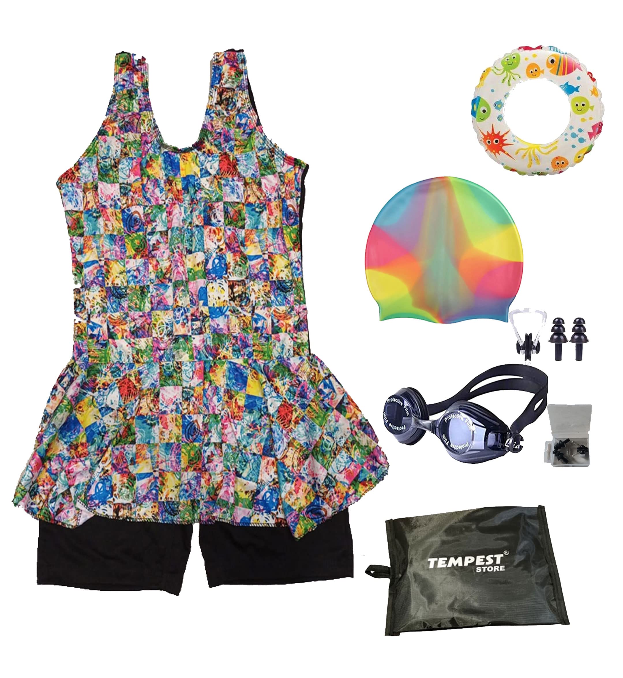 TEMPEST Girls's Swimming Kit with 1 Printed Swimming Costume | Printed Swim Suit | Swimwear | Swimming Dress Goggles Cap Ear Plug Nose Clip Swimming Tube with KIT Bag (Multicolor, 2 Years - 3 Years) 3