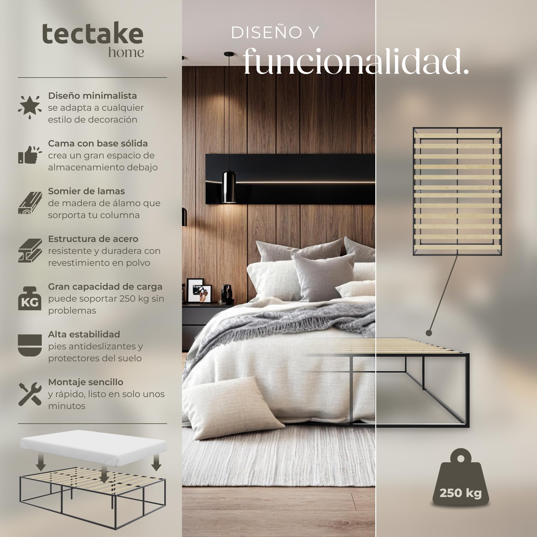 tectake® Cama Matrimonio Metal, Almacenamiento Debajo, Estructura Resistente, Somier Madera de Álamo, Diseño Minimalista, Cama Matrimonio Moderna - 200 x 140 x 46,5 cm