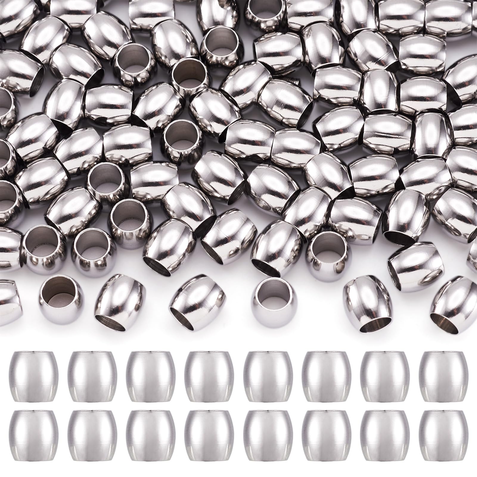 Fashewelry 100Pcs Large Hole Stainless Steel Barrel Spacer Beads 6x6mm Smooth Polished Metal Oval Charm Loose Beads Fit European Chain Bracelet Jewelry Making Hole: 4mm