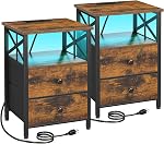 AMHANCIBLE LED Stands de nuit Ensemble de 2, Tables de chevet avec station de recharge, Table de chene avec USB C Port et Outlet, Table de chevet avec 2 Tiroirs de tissu pour chambre, salon, brun rustique HET052LBR | Grandes tables de chevet avec USB Ports et AC Des sorties,