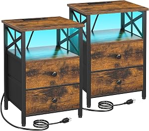 AMHANCIBLE LED Night Stands Set of 2, Bedside Tables with Charging Station, Side Table with USB C Port and Outlet, Nightstand with 2 Fabric Drawers for Bedroom, Living Room, Rustic Brown HET052LBR | Large Bedside Tables with USB Ports and AC Outlets,