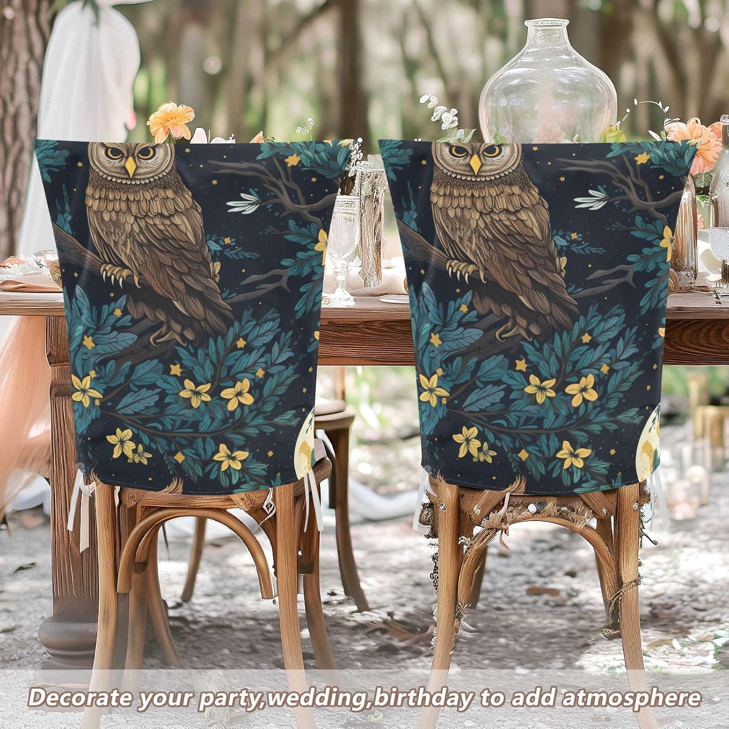 ALAZA Owl Yellow Flowers and Moon Chair Back Cover Set of 6, Washable Reusable Removable Chair Slipcovers Decorative Chair Cover for Home Kitchen Wedding Party