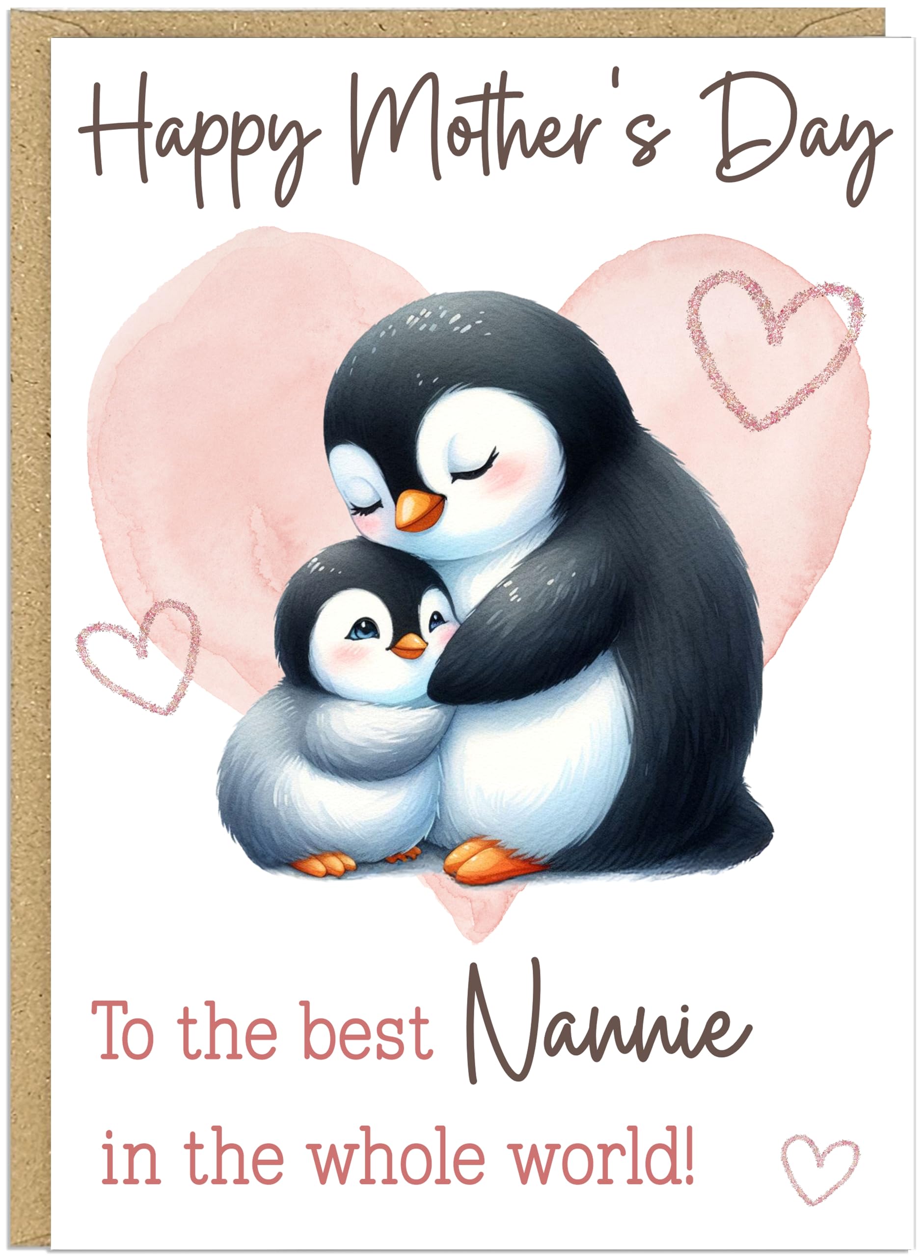 Personalised Happy Mother's Day Greeting Cards Custom Own Name For Mummy Mum Grandma Nanny Nan Best in World Cute Heart Animal Designs in A5 (Penguins)