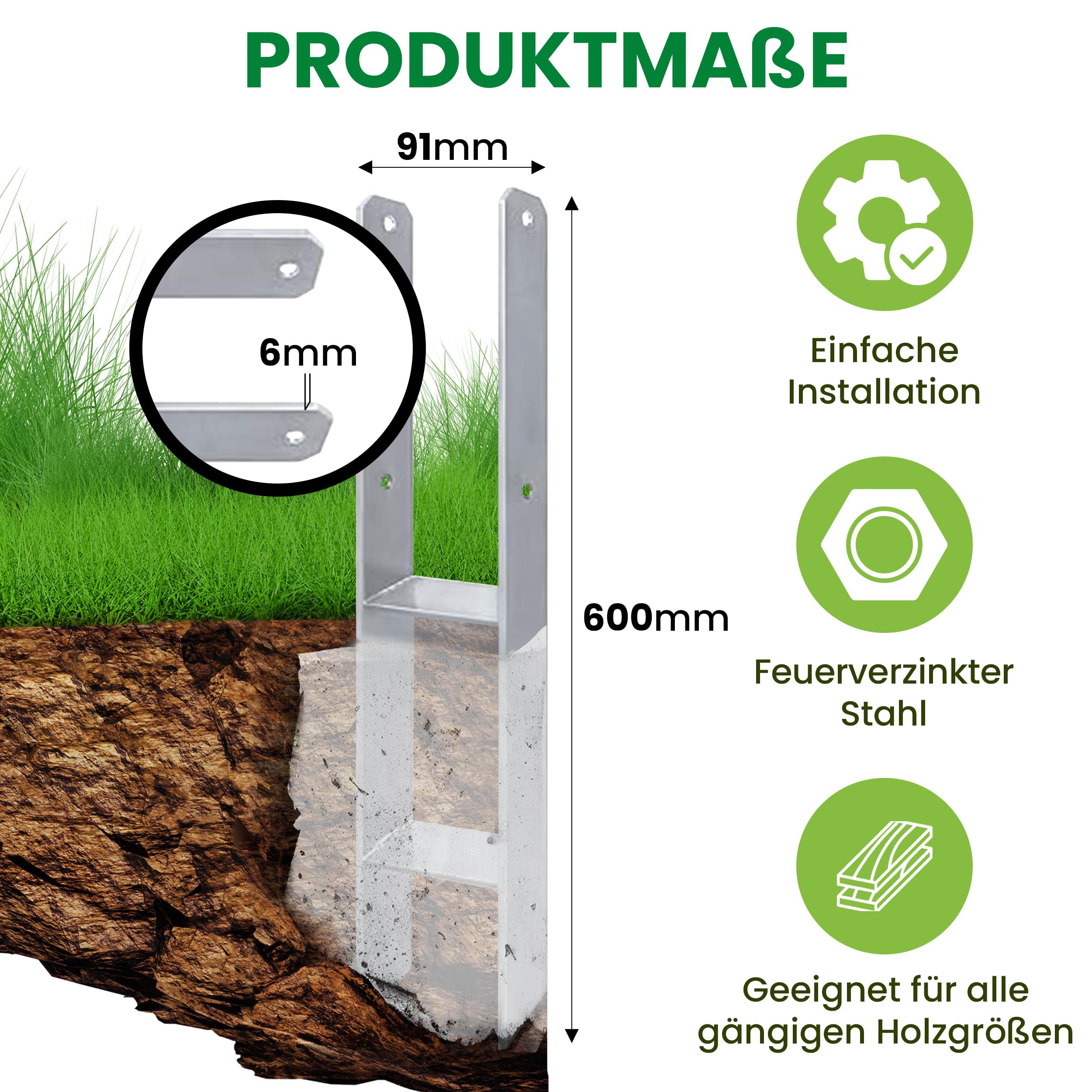 Gartenpirat 4 Stück H-Anker 91x600 mm feuerverzinkt Pfostenträger für Pfosten 9x9 cm