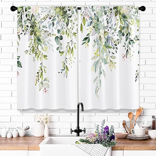 Miniatura 3 de Cortinas de ventana de cocina con hojas de eucalipto verdes, rústicas, flores de primavera, bohemio, floral, cortas, cafetería, plantas botánicas