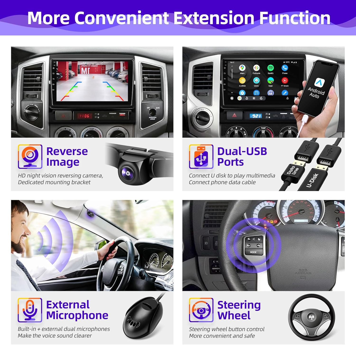 Extended functions of CGOGC Android Car Stereo including reverse image, dual USB, external microphone, and steering wheel control