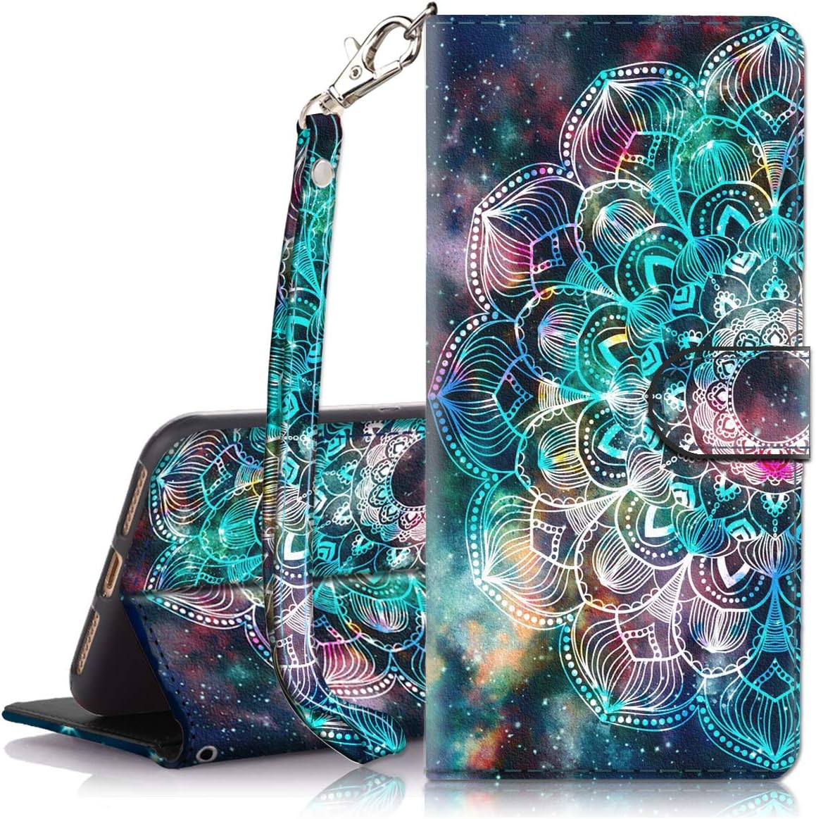 Hocase iPhone 8 Plus Case, iPhone 7 Plus Case, PU Leather Full Body Protective Case with Credit Card Holders, Wrist Strap, Magnetic Closure for iPhone 8 Plus/iPhone 7 Plus - Mandala in Galaxy