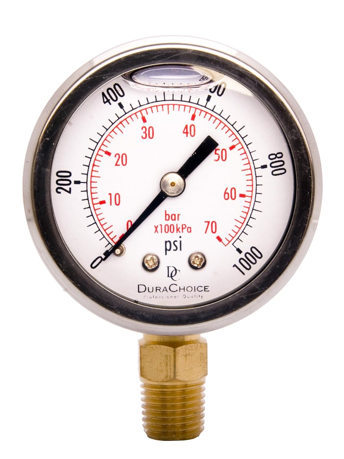 2" Oil Filled Pressure Gauge - Stainless Steel Case, Brass, 1/4" NPT, Lower Mount Connection, 0-1,000PSI