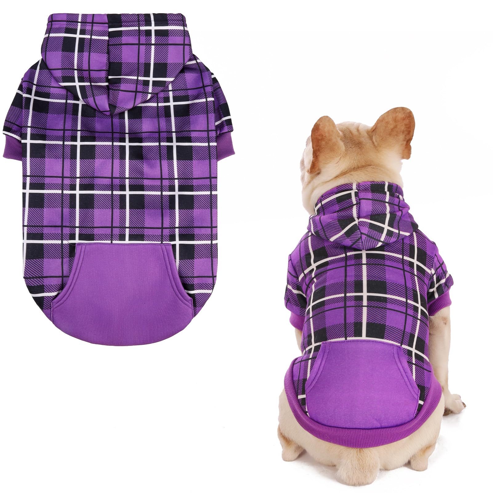 EXPAWLORER Plaid Dog Hoodie - British Style Warm Dog Sweater Shirt with Leash Hole,Pitbull Clothes Outfits,Winter Coat Apparel for All Breeds Puppy Girl Boy-Cat Apparel(Purple)