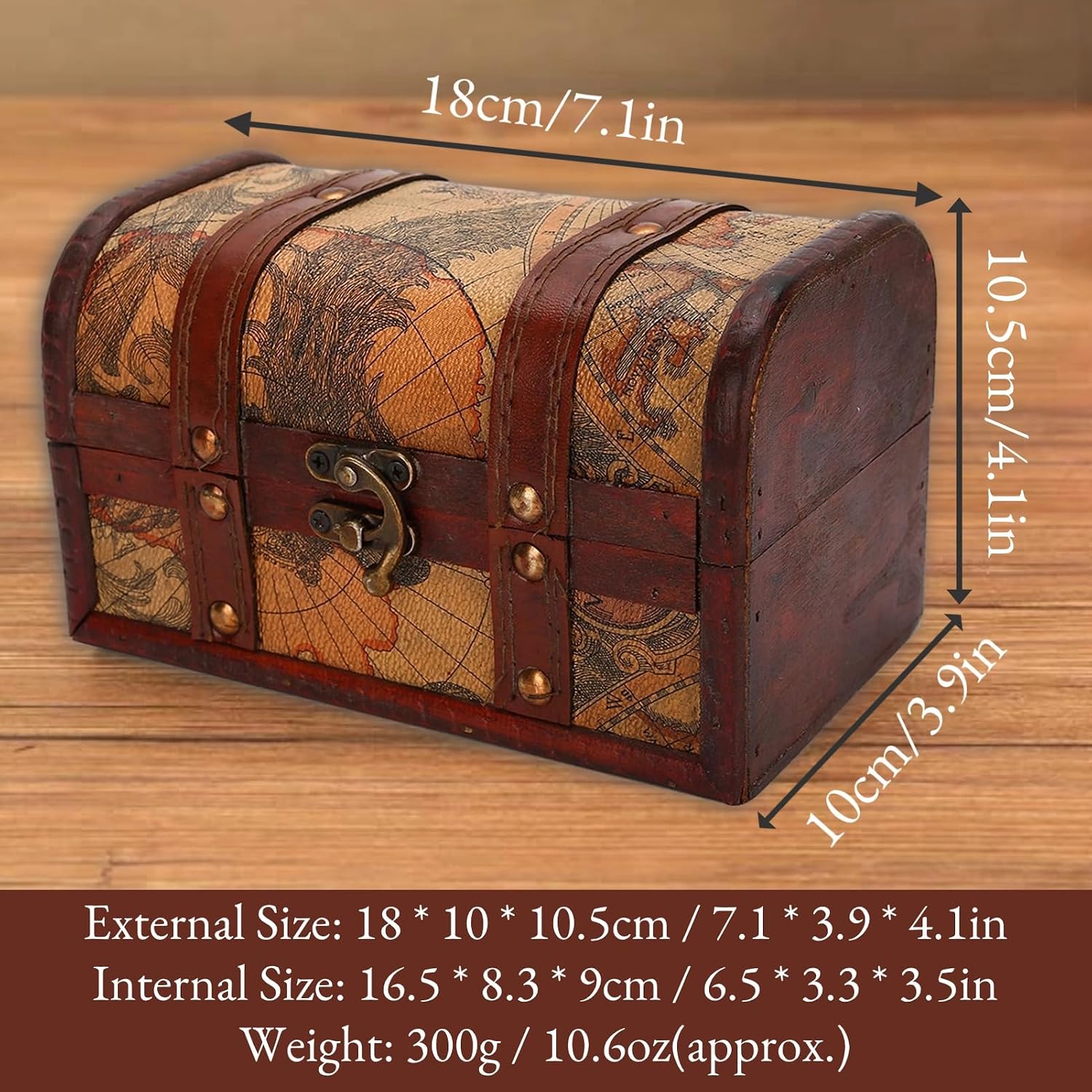 DAUERHAFT Wooden Treasure Chest, Vintage Style Handmade Jewelry Storage Box, Decorative Wood Organizer for Home Office Jewelry Gifts