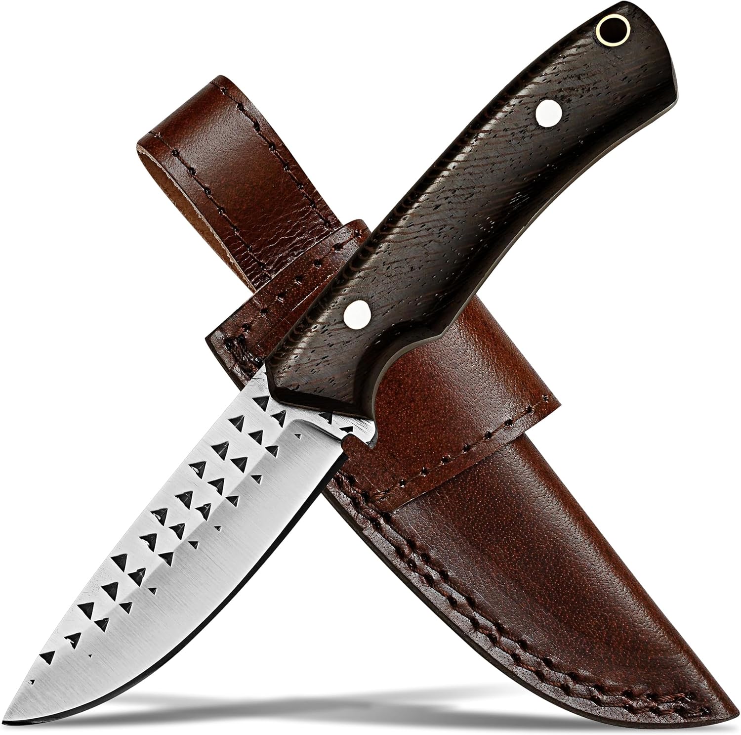 Damascus Steel Bushcraft Knife with Leather Sheath - 7.25" Fixed Blade Hunting Knife with Sheath for Men - Tactical Survival & Camping Knife for Outdoor Adventure
