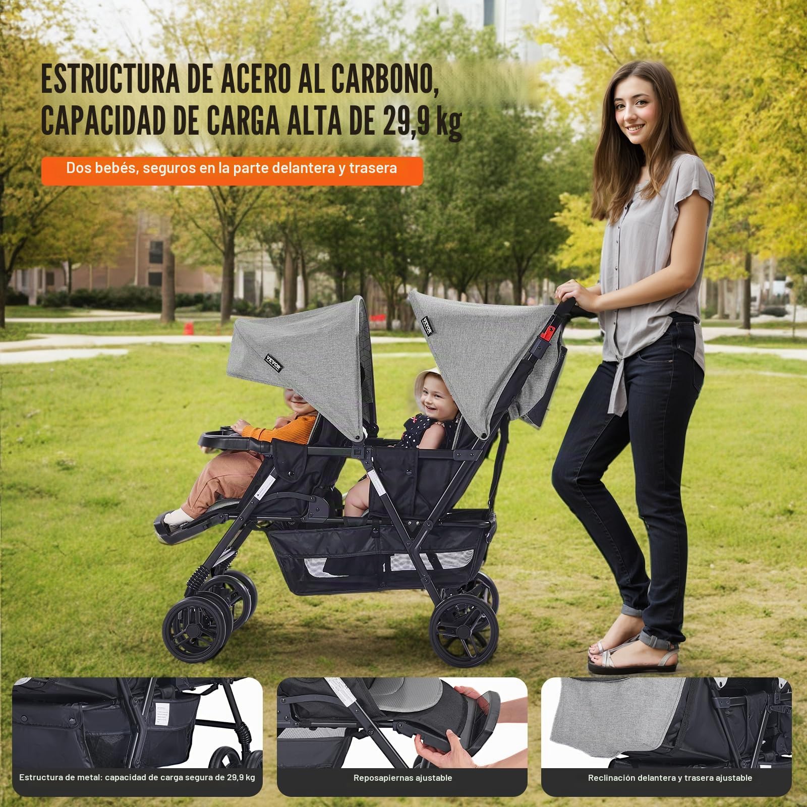 VEVOR Cochecito Doble Ligero y Plegable con Asiento Tándem Respaldo Reposapiés Ajustable Cinturón de Seguridad Envolvente Cesta de Almacenamiento para Recién Nacidos y Niños Pequeños, Gris Oscuro