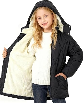 Funnycokid Girls Winter Coat Fleece Lined Hooded Puffer Jacket Warm Outwear | Kids Lightweight Parka Long Sleeve Puffy with Pockets Windproof Water-Resistant for School, Outings, Casual Wear 5-12 Years