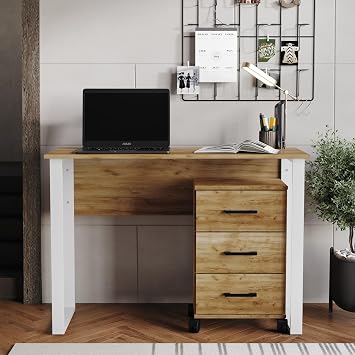 43 Inch Wooden Writing Desk with Sturdy Metal Frame Legs, 3 Drawer Storage Cabinet, Home Office Study Desk, Light Oak