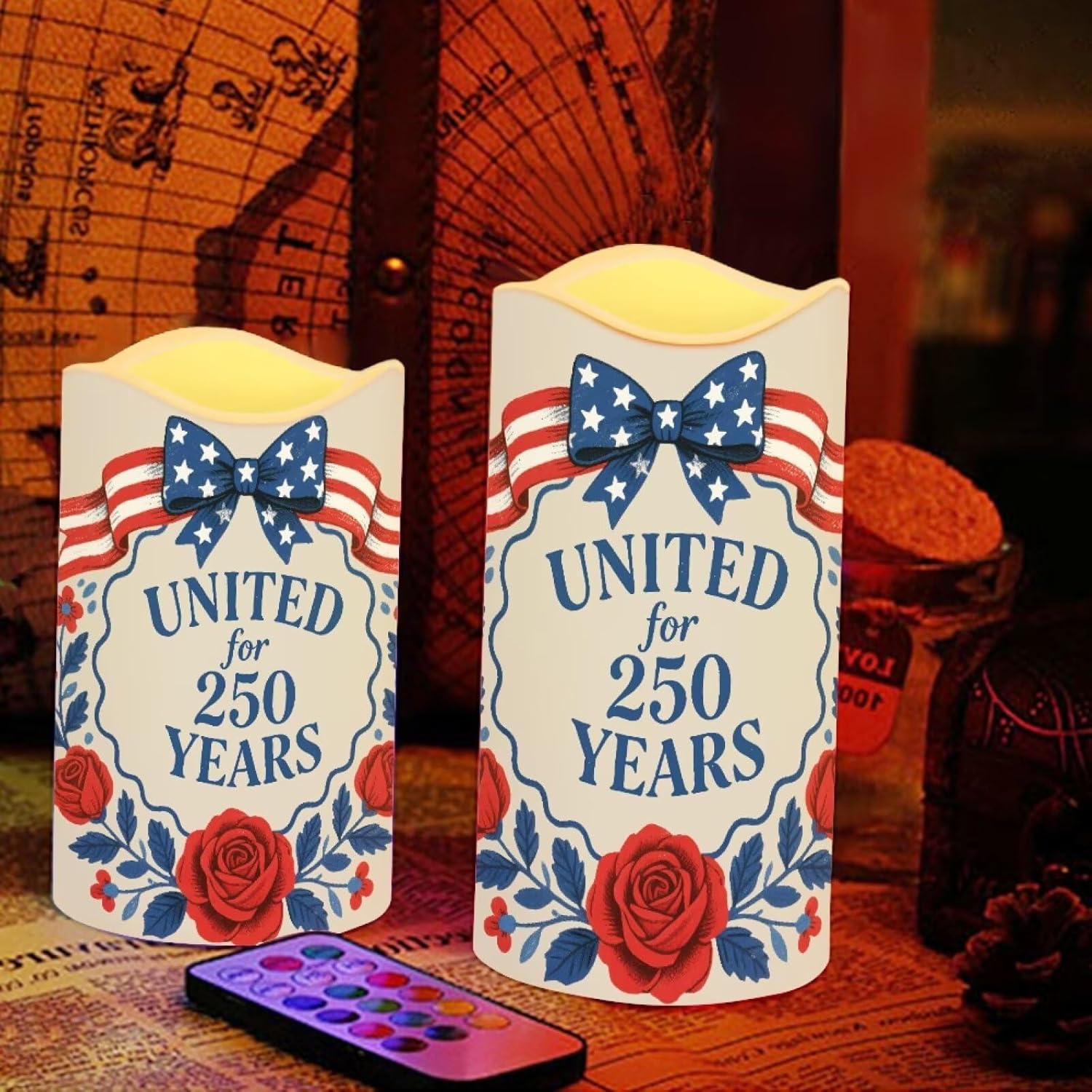 United for 250 Years Fake Candles Flowers Independence Day Battery Led Lights Fourth of July LED Flickering Remote Control Candle Decors for Patio Porch Mantle, 4 Pack