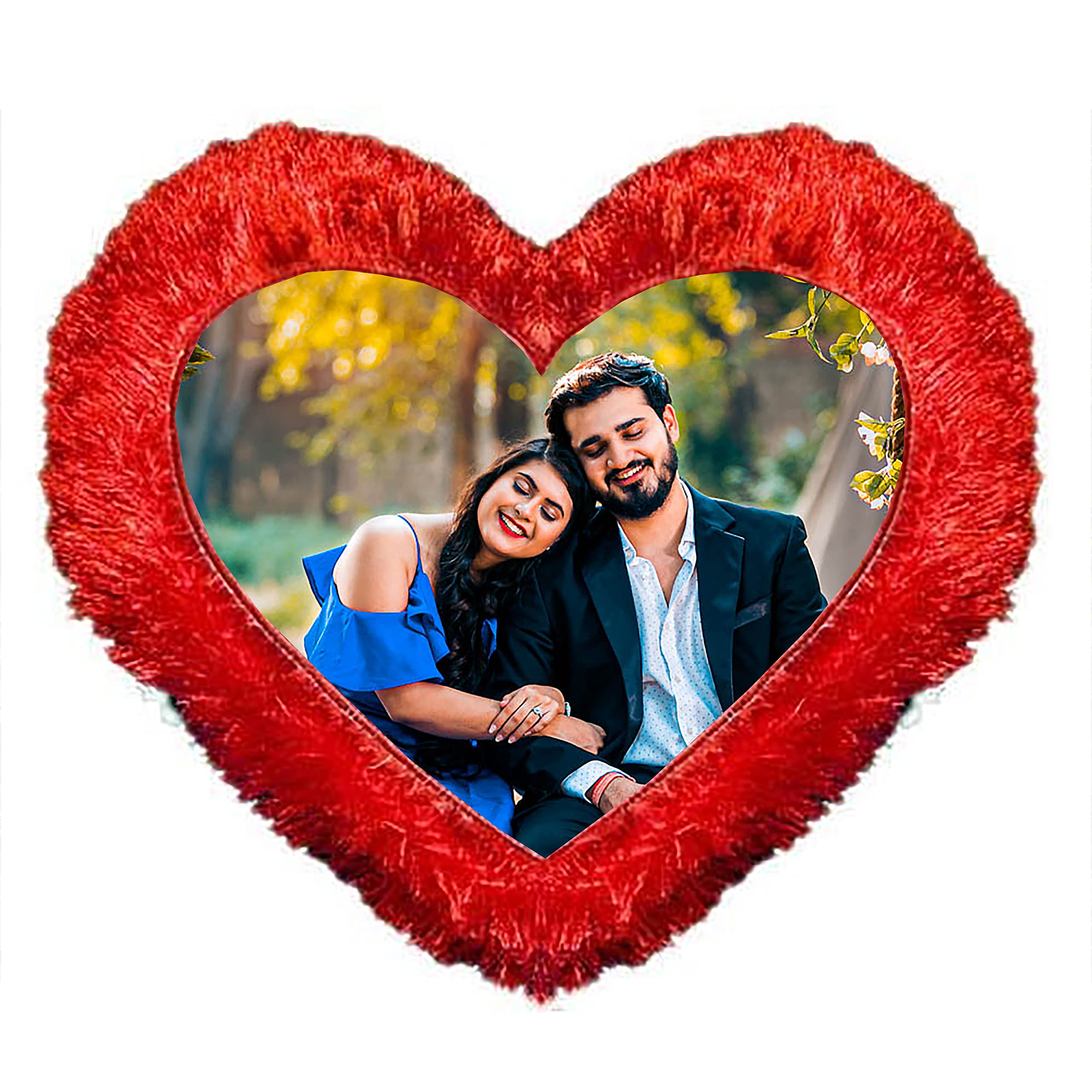 Gugan's Personalized Pink Heart Shape Fur Cushion Pillow with Photo | Soft Velvet Customized Photo Cushion Gift for Valentine's Day, Anniversary, Birthday, Couple and Family (16 x 16 Inch, Red)