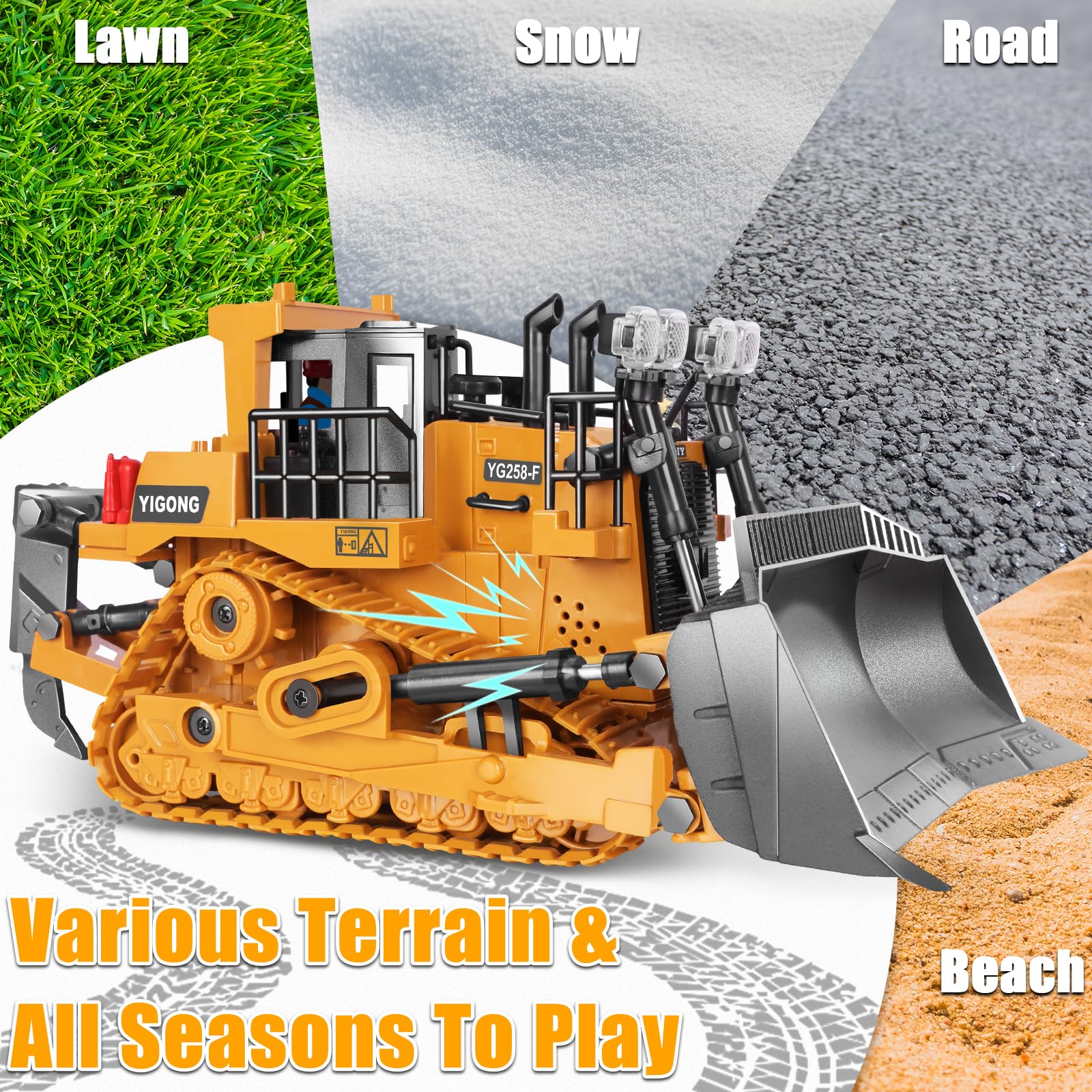 KIZJORYA Bulldozer Telecomandato, Giocattolo da Costruzione RC a 9 Canali con Luci, Suono e Batteria Ricaricabile, Regalo Giocattolo Bulldozer per Bambini di Età Compresa Tra 6 e 12 Anni (2.4 GHz)