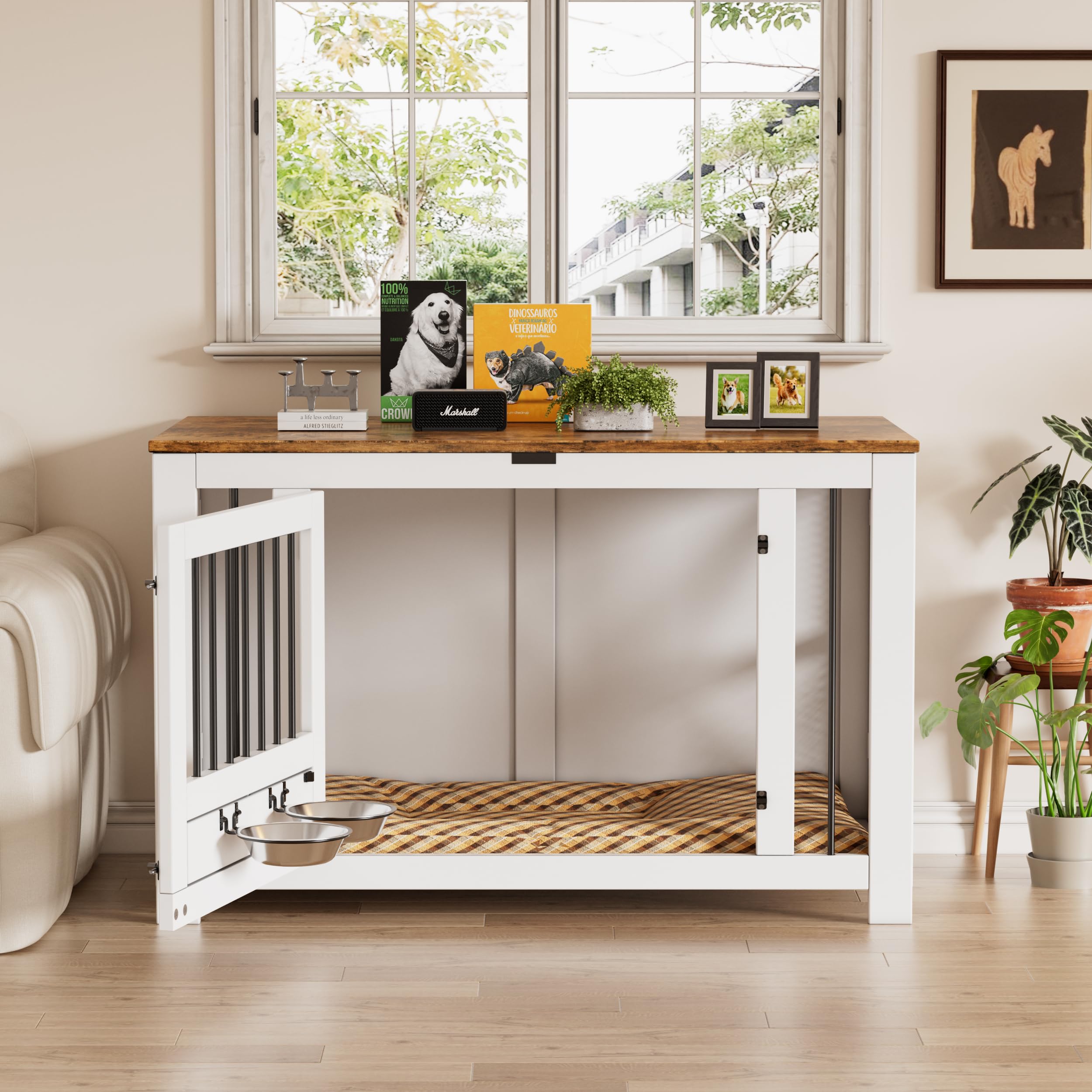 Mueble jaula grande para perros de 41,3", plegable, caseta de madera para perros (15,9-27,2 kg) con 2 cuencos, mesa auxiliar interior estilo granja