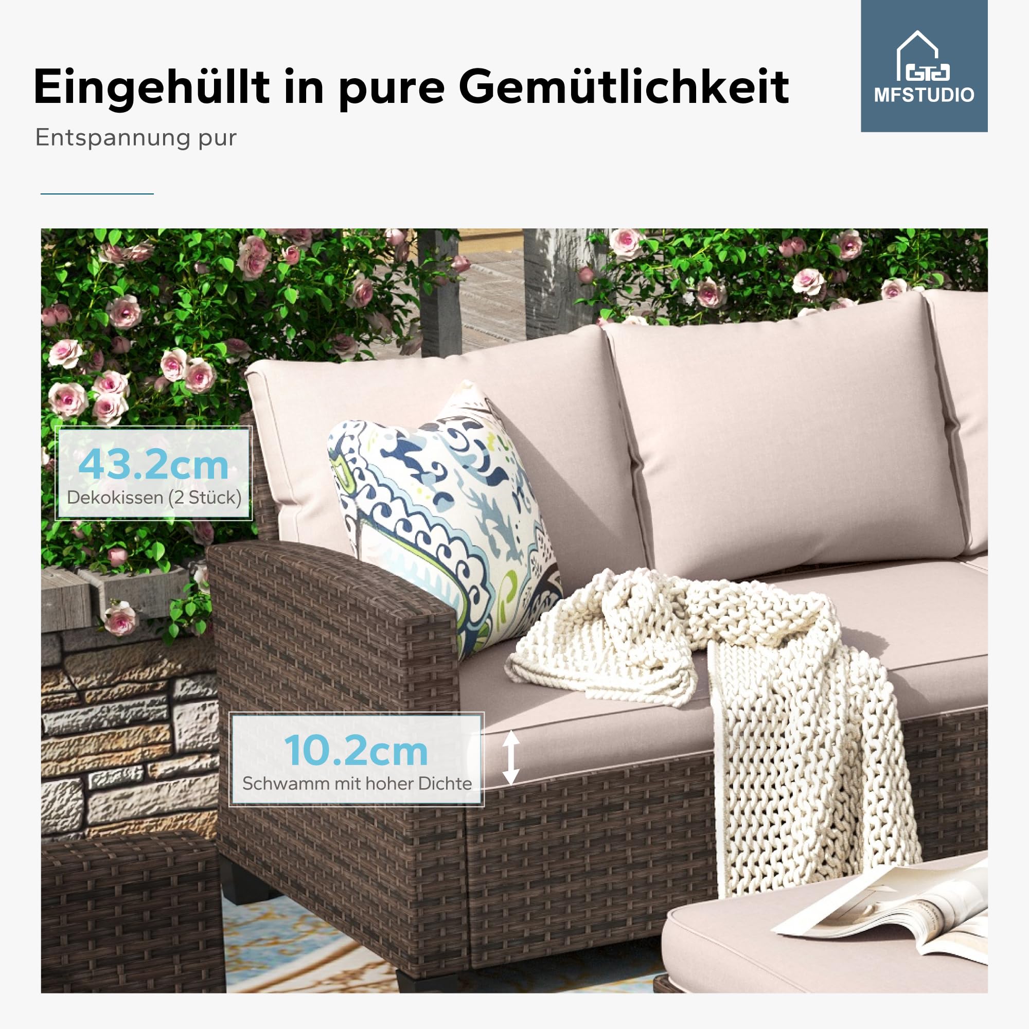 MFSTUDIO Gartenmöbel Set, Lounge Möbel Outdoor, PE-Rattan Wetterfest Terassenmöbel mit Sofa & Schemel & Sitzkissen, Frei Kombinierbar, Cushion PRO Fabric Wasserdicht, Leicht zu Reinigen