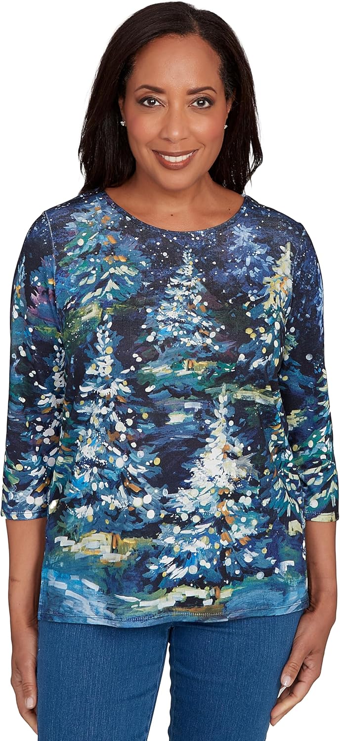 Alfred Dunner Women's Starry Night Holiday Tree Top