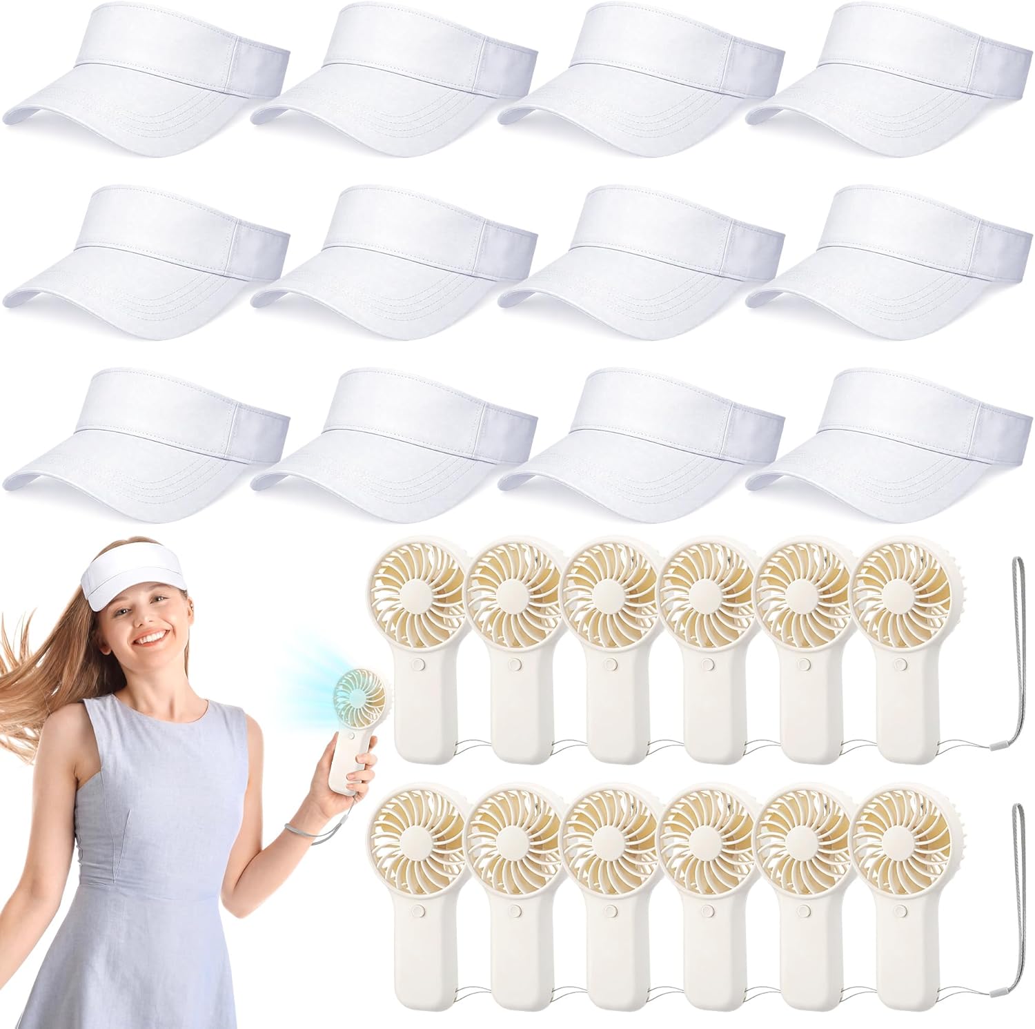 サマーバンドル 12 ホワイトバイザーサンハット&amp;ポータブルミニファン - 旅行、アウトドアスポーツ、そしてユニファッション