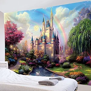 HVEST Castle Tapestry Trees and River in Fantasy Forest Wall Hanging Fairy Tale Tapestries for Kids Bedroom Living Room Dorm Party Wall Decor (80" X 60")