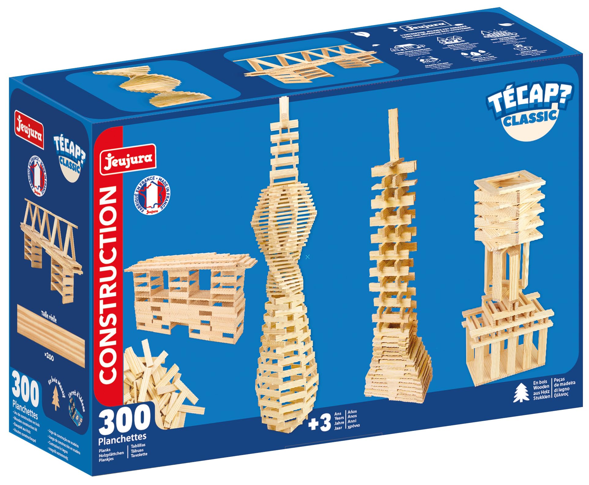JEUJURA - TECAP Classic - Zestaw do budowania drewna - 300 elementów - gra dla dzieci od 3 lat - kreatywna gra balansowa - modele w zestawie - Wyprodukowano we Francji - 8303