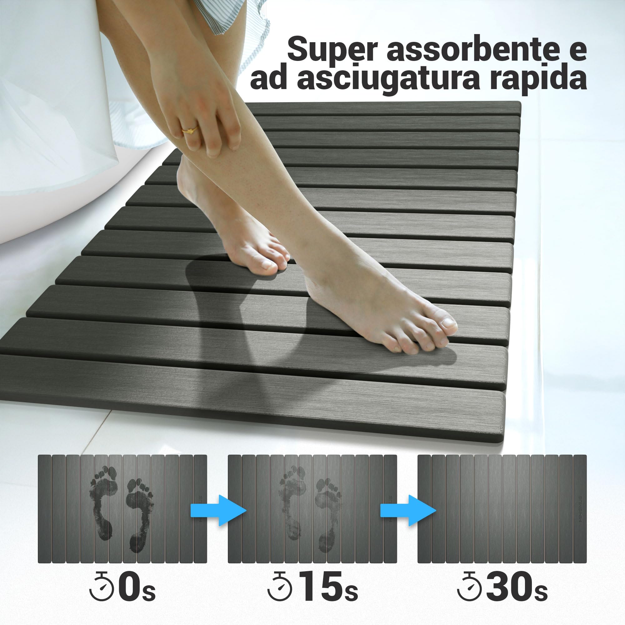 Minismus Tappeto Bagno Assorbente Arrotolabile in Diatomite 60x40cm Grigio Scuro - Tappeto Doccia Assorbente - Tappetino da Bagno in Pietra - Stone Bath Mat (Grigio Scuro)