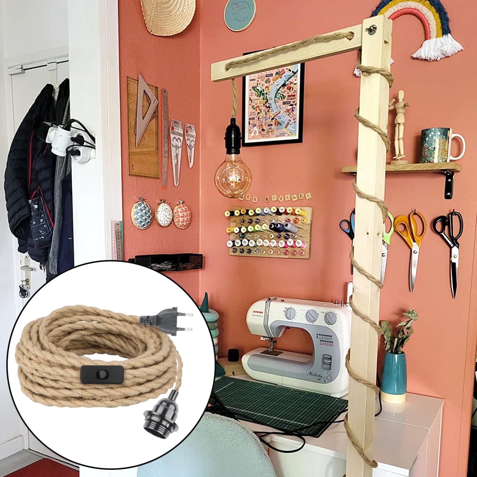 2 Piezas Portalámparas E27 con Interruptor Adaptador de Lámpara con Enchufe con 2 Piezas Cable de 6M Cable Bases DIY Candelabro Colgante Lámpara para Comedor Sala Bar Cafetería