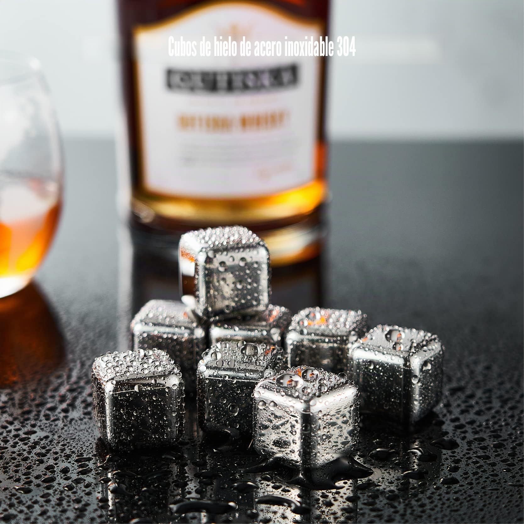 Juego de Decantador de Whisky, Decantador de 850 ml, 2 Vasos de Globo Grabados, Embudo de Acero Inoxidable y 8 Cubitos de Hielo de Piedras de Whisky de Acero Inoxidable (A-850 ml)