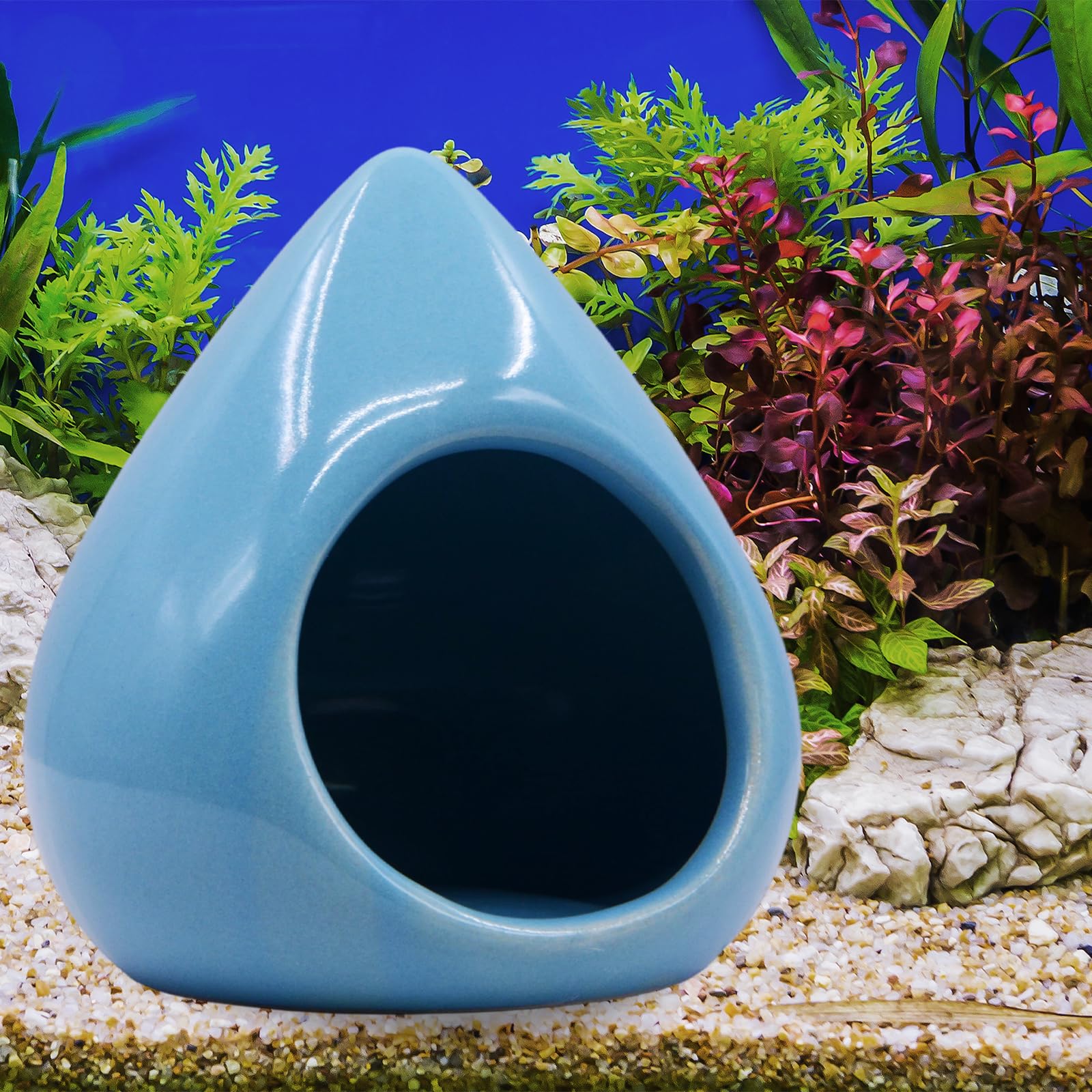 Saim Aquarium Ceramic Teardrop Shape Pleco Cave Ornament Fish Tank Landscape Decor Betta Accessories for Small Shrimp to Rest and Breed, Hiding for 5 Gallon Tanks - Blue